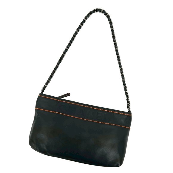 CHANEL Logo Engraved Lambskin Chain Mini Handbag/Semi Shoulder Bag Black 39314 - Picture 1 of 9